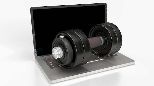 Die Hantel und das Notebook für Bodybuilding oder Lifestyle-Konzept 3D-Rendering