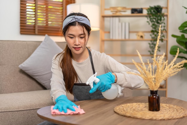 Die Haushälterin trägt Schutzhandschuhe und verwendet ein Mikrofasertuch mit Sprühreiniger für die Reinigung