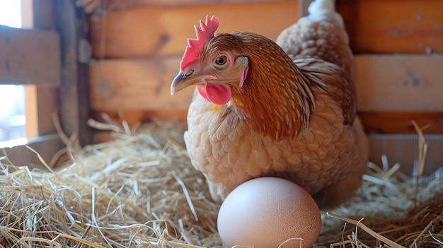 Die Henne schlüpft das Ei in der Hütte.