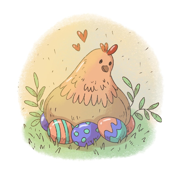 Die Henne sitzt auf den Eiern Die Henne bebrütet die Eier Ostereier und Hühner