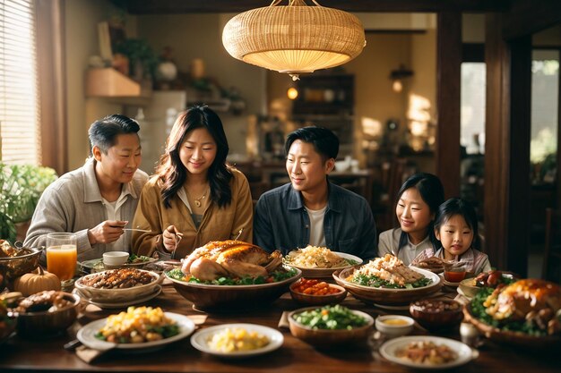 Die heutige Familie feiert gemeinsam den Thanksgiving Day am Tisch