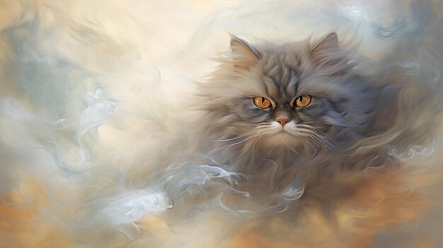 Die Himalaya-Katze erscheint ätherisch in einer Mischung aus hellorange und weißem Rauch mit ihrer ruhigen Aura