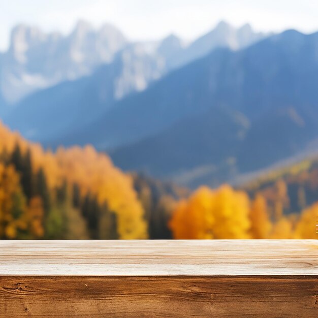 Die hölzerne Tischplatte auf verschwommenem Hintergrund der Herbstfarbenlandschaft in Dolomiten, die durch KI generiert wurde