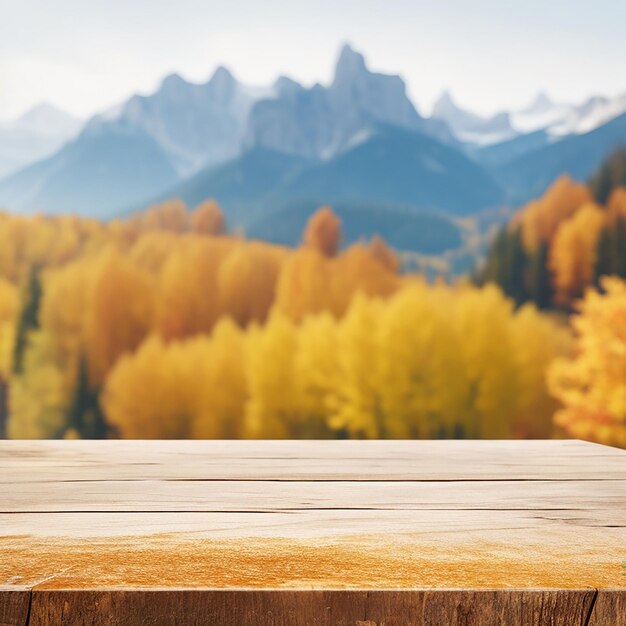 Die hölzerne Tischplatte auf verschwommenem Hintergrund der Herbstfarbenlandschaft in Dolomiten, die durch KI generiert wurde