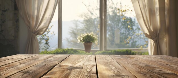 Die hölzerne Tischplatte steht vor einem verschwommenen Hintergrund eines Fensters mit Vorhang