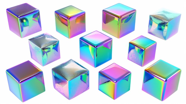 Die holographischen Würfel mit einem iridescenten Chrom-Effekt sind gegen einen weißen Hintergrund gesetzt und die rotierende Metallbox wird mit einem Regenbogen-Gradient-Effect dargestellt. Die geometrischen Formen werden in 3D gezeichnet.