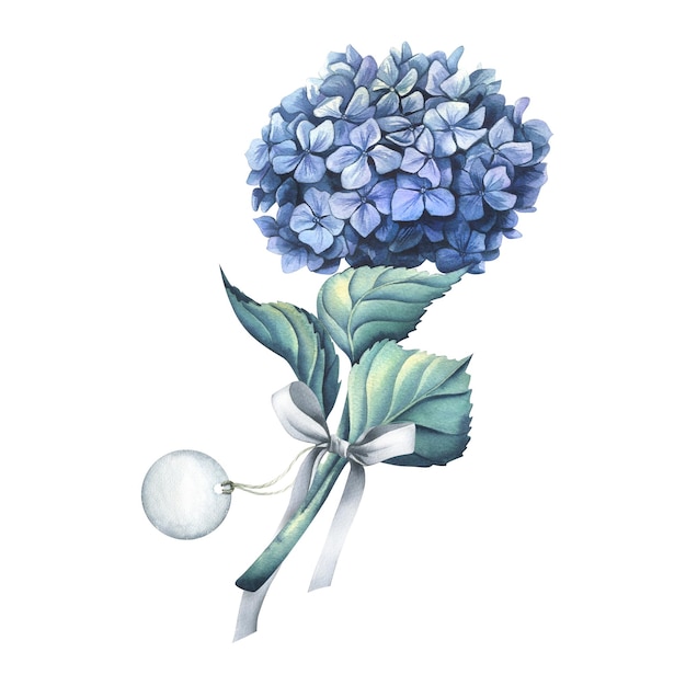 Die Hortensienblüte ist blau mit einer grauen Satinschleife und einem Papieranhänger an einem Seil