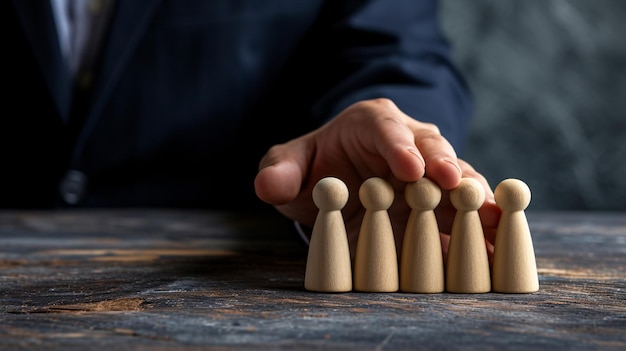 Die Idee der Führung in der Wirtschaft mit einem starken Anführer, der ein Team zum Erfolg führt und Selbstvertrauen erweckt, mit Holzfiguren als Metapher