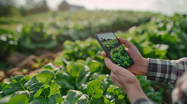 Die Idee der intelligenten Landwirtschaft Ein Landwirt, der ein Smartphone einsetzt, kann ein Auge auf Generative Ai halten