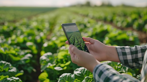 Die Idee der intelligenten Landwirtschaft Ein Landwirt, der ein Smartphone einsetzt, kann ein Auge auf Generative Ai halten