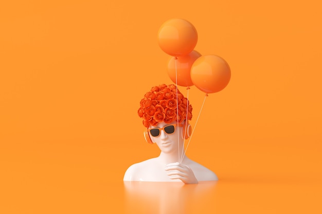 Die Illustration der Frauenskulptur mit rosafarbener Blume auf dem Kopf hält Ballons auf orangefarbenem Hintergrund. 3D-Rendering.