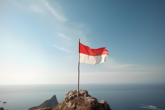 Die indonesische Nationalflagge weht im blauen Himmel vor dem Hintergrund des Ozeans. Rote und weiße Flagge