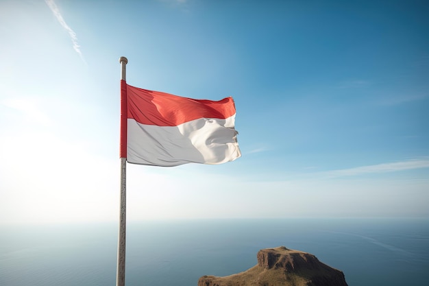 Die indonesische Nationalflagge weht im blauen Himmel vor dem Hintergrund des Ozeans. Rote und weiße Flagge
