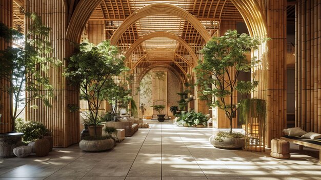 Die Innendekoration eines aus Bambus gebauten Atriums verkörpert Eleganz in Harmonie mit Nachhaltigkeit