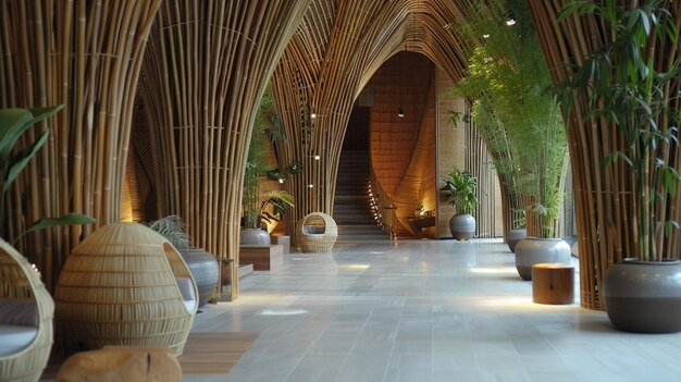 Die Innendekoration eines aus Bambus gebauten Atriums verkörpert Eleganz in Harmonie mit Nachhaltigkeit