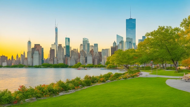 Die Innenstadt von Manhattan mit dem öffentlichen Park auf der kleinen Insel in New York bei Sonnenaufgang
