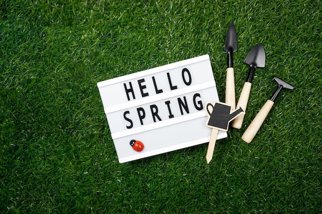 Die Inschrift HELLO SPRING in einem weißen Rahmen liegt auf dem Rasengras