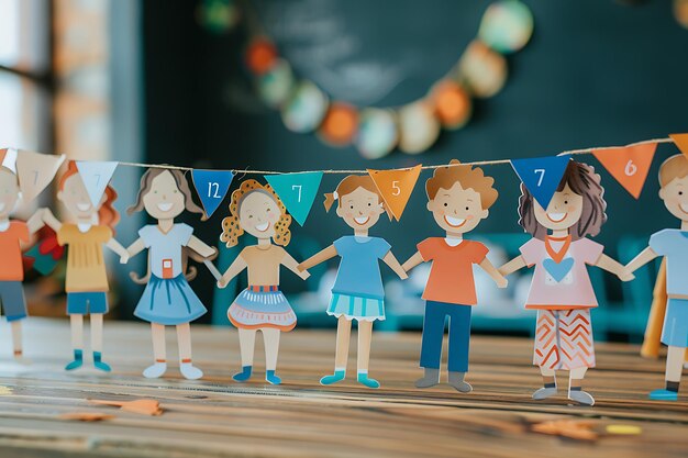 Die Inschrift Kindertag mit Papierfiguren von Kindern