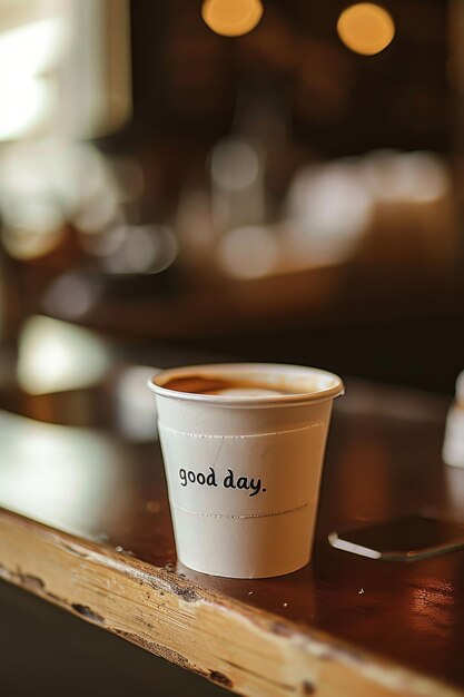 Die Inschrift lautet "Guten Tag, guten Nachmittag" auf der Kaffeetasse und dem Holztisch.