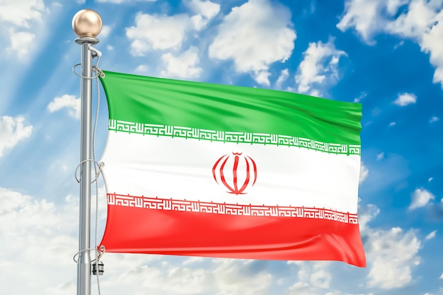 Die iranische Flagge schwingt in einem blauen, bewölkten Himmel 3D-Rendering