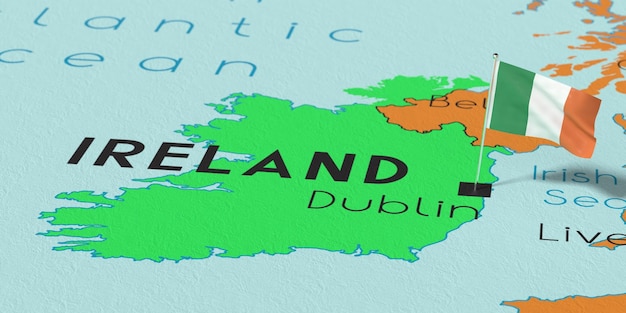 Foto die irische nationalflagge von dublin auf der politischen karte 3d-illustration
