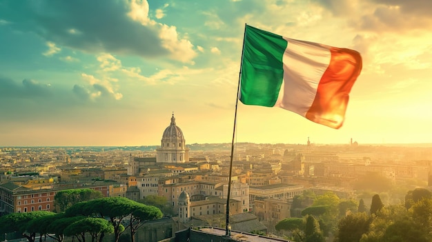 Die italienische Flagge schwingt in der goldenen Stunde hoch am Himmel über der alten Stadt.