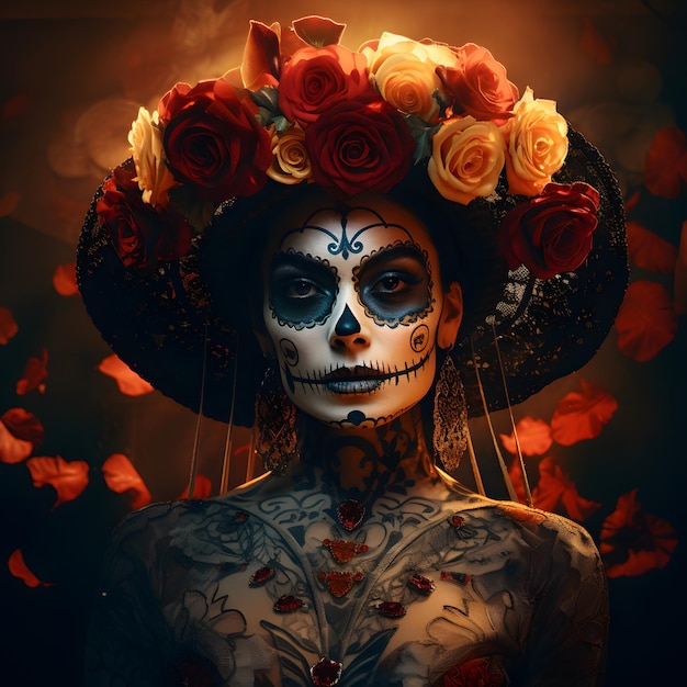 Die junge Frau Catrina schminkt einen Zuckerschädel. Dias de los muertos, Tag der Toten