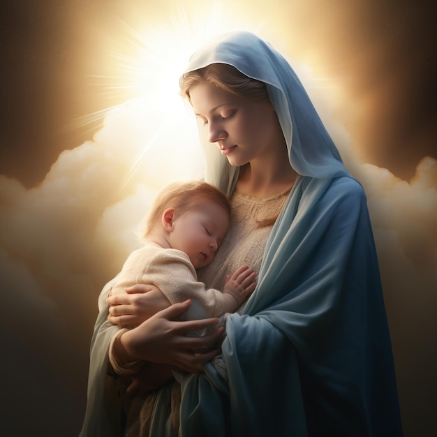 Die Jungfrau Maria hält ihr Kind im Sonnenlicht