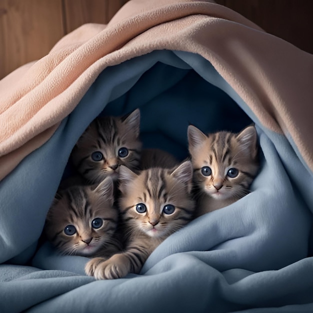 Die Kätzchen zusammen in einer gemütlichen Deckenfestung