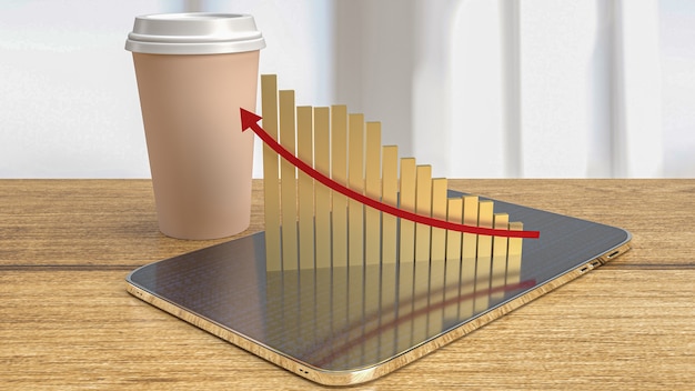 Die Kaffeetasse und das Diagramm auf dem Tisch für Lebensmittel- oder Geschäftskonzept 3D-Rendering