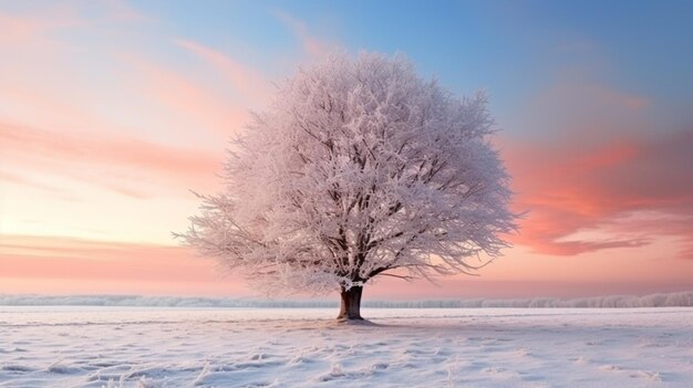 Die kalte Jahreszeit im Freien Landschaft ein Frostbaum in der Wiese Boden mit Eis und Schnee bei Sonnenaufgang bedeckt