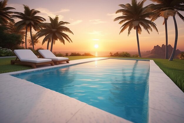 Die Kante eines Pools bei Sonnenuntergang 3D-Rendering