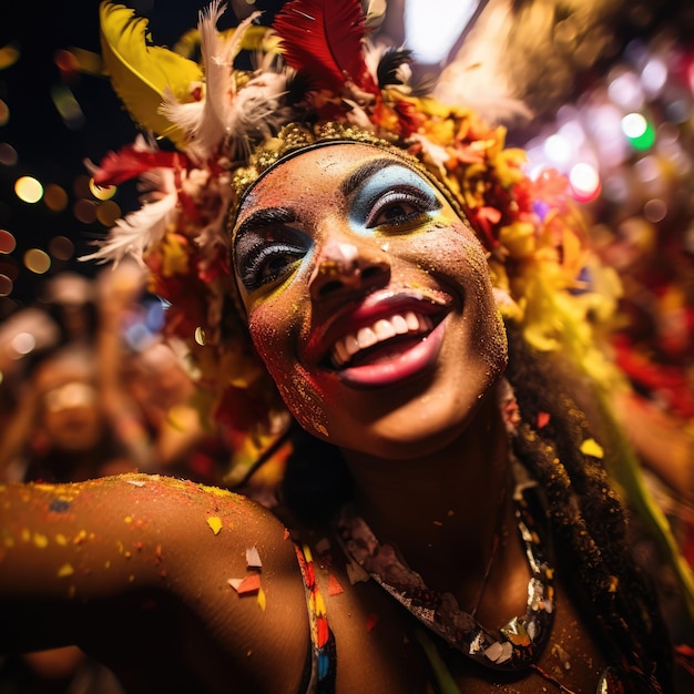 Foto die karnevalparade mit menschen, die in bunten kostümen gekleidet sind, und konfetti, das herumfliegt