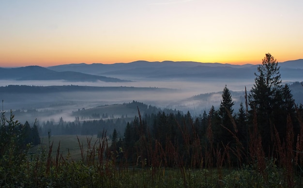 Die Karpaten. Sonnenaufgang begleitet von Morgennebel