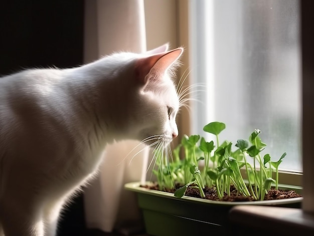 Die Katze frisst frisches grünes Gras, das von der KI generiert wurde