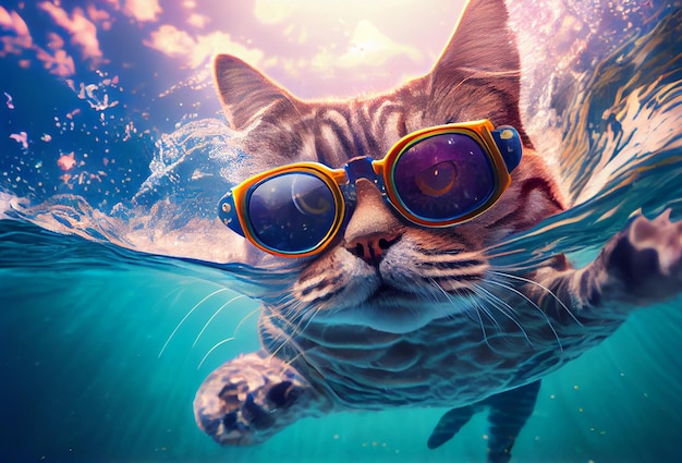 Die Katze mit Brille taucht am Meer ins Wasser Generative KI