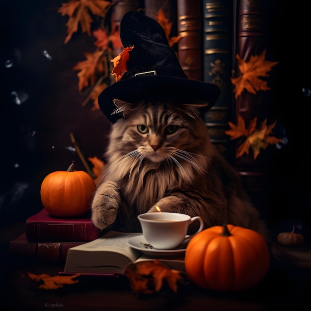 Die Katze mit dem Hut feiert Halloween