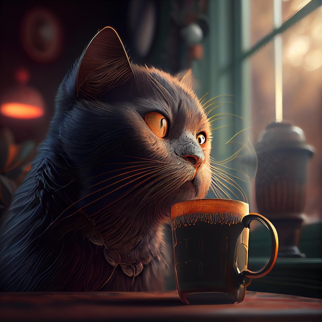 Die Katze mit Kaffee ist ein Symbol für Entspannung, Komfort und Wärme. Diese Illustration stellt einen gemütlichen Begleiter für einen faulen Tag dar, der Komfort und Gesellschaft bietet, während Sie ein warmes Getränk genießen und sich entspannen