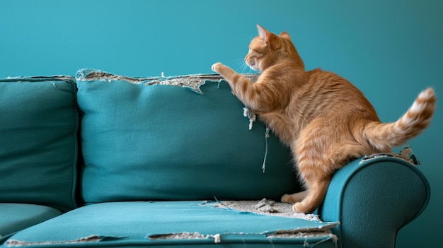 Die Katze schärft ihre Krallen und zerreißt die Rückseite eines Sofas ein Sofa mit einer beschädigten und zerrissenen Armlehne