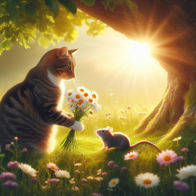 Die Katze schenkt der Maus an einem sonnigen Tag auf der Waldfläche einen Blumenstrauß