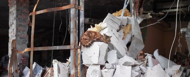 Die Katze schläft auf dem Hintergrund eines zerstörten Einkaufszentrums Folgen von Mörserbeschuss