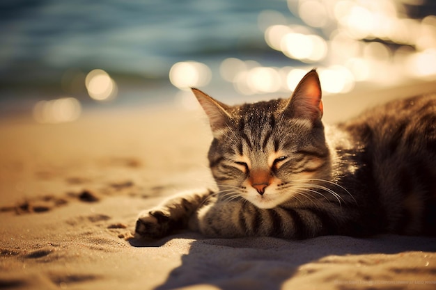 Die Katze sonnt sich am Strand. Die lang erwartete Urlaubskatze ruht sich an einem Sandstrand aus
