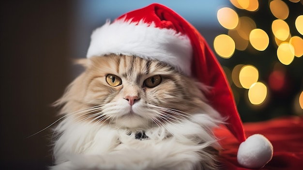 Die Katze trägt an Heiligabend eine rote Weihnachtsmütze. Generative KI