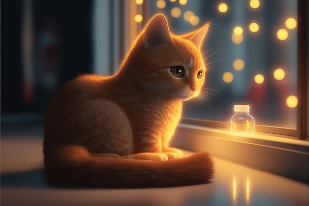 Die Katze trägt festliche Beleuchtung. Niedliche rotbraune Katze experimentiert mit dem Licht vor dem Fenster. Generative KI