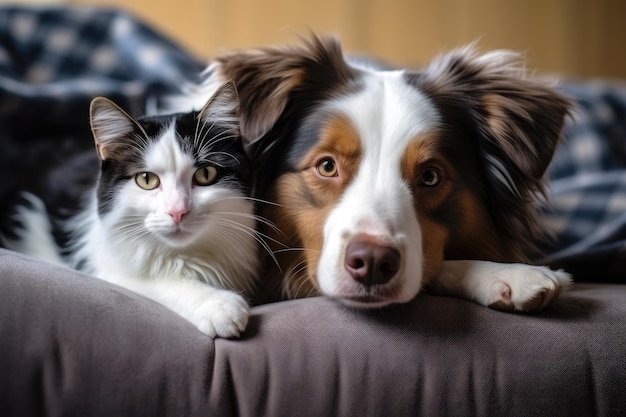 Foto die katze und der hund kuscheln drinnen auf der couch. sie sind bezaubernde begleiter