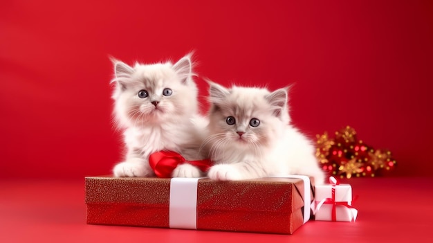 Die Katze und die Kätzchen feiern Weihnachten in einem roten Weihnachtsmannshut mit Rentierhorn.