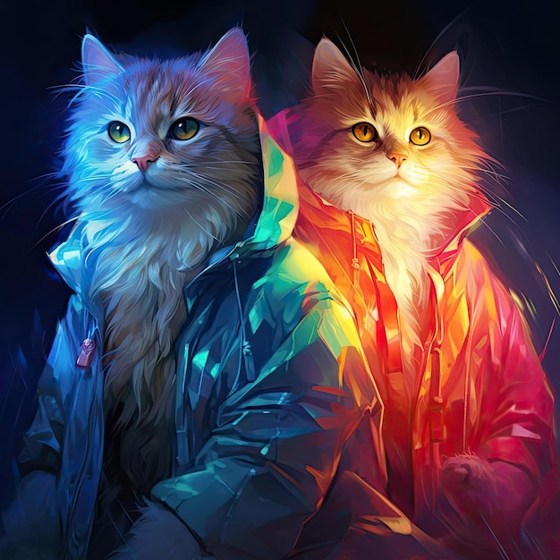 Die Katzen sind in weißen Kitteln und in Regenbogenfarben im Stil bezaubernder Anime-Charaktere gekleidet