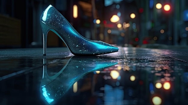 Die KI erzeugte nachts in einer Stadt einen cyanfarbenen Stiletto-Absatzschuh, der sich auf dem nassen Boden spiegelte