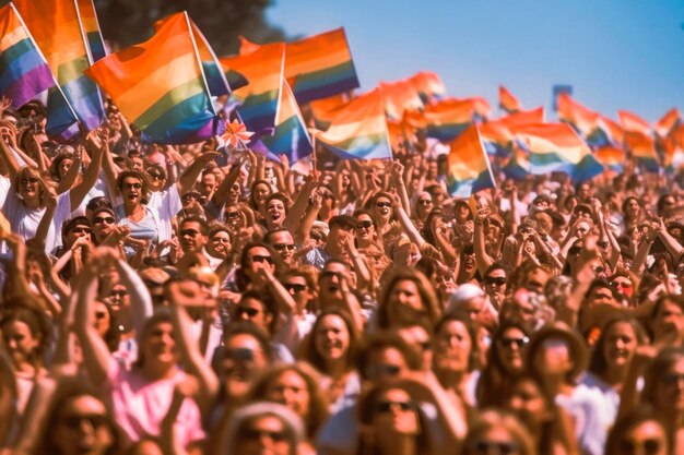 Die KI erzeugte Nahaufnahmen von Regenbogenfahnen der LGBT-Gemeinschaft, die auf der Straße der Schwulenparade im Wind wehen