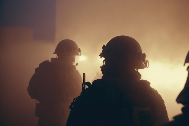 Die KI generierte Silhouetten von Armeesoldaten, die in Rauch gegen das Sonnenuntergangs-Marineteam in Aktion angriffen